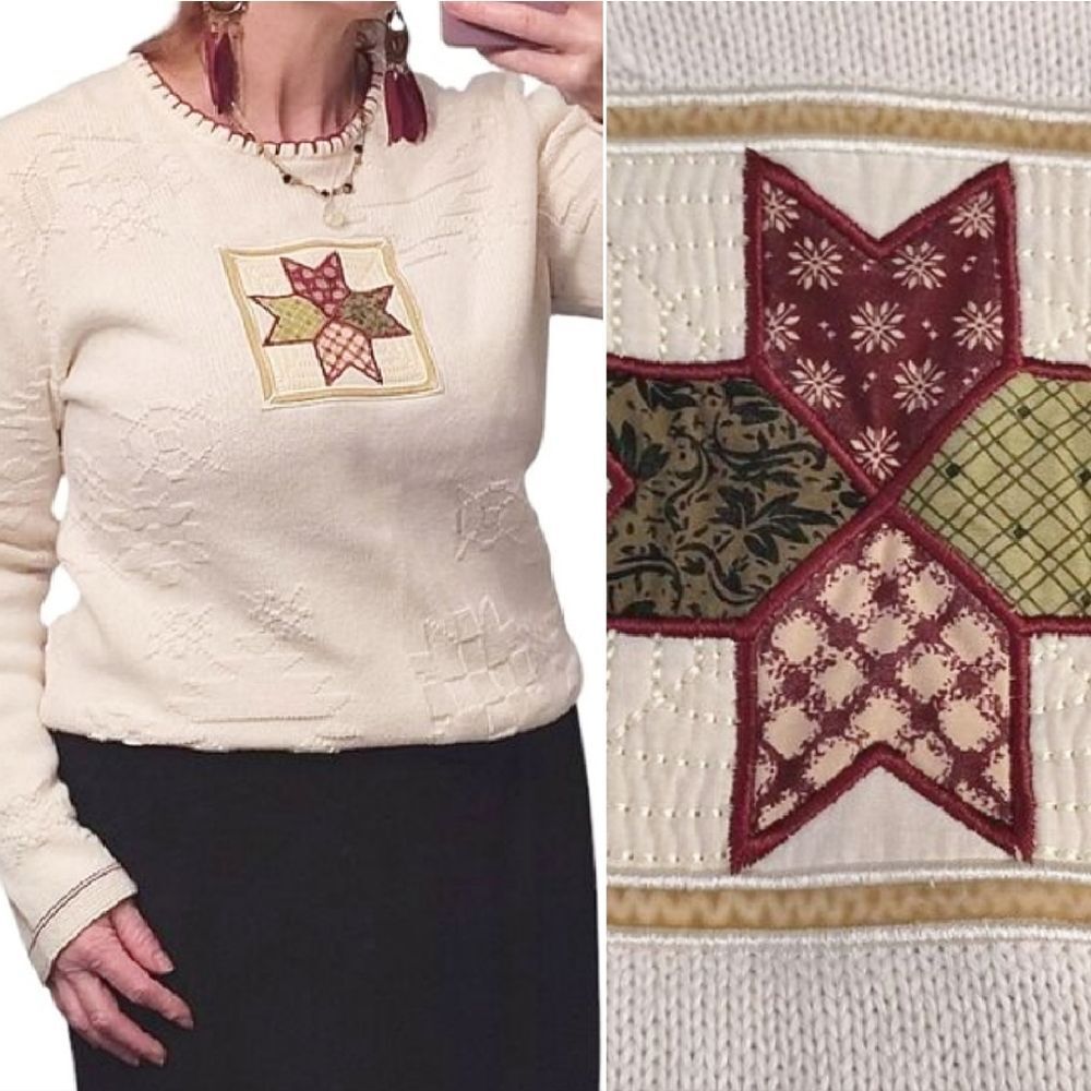VTG 90s Cabela's Ivory Square Quilt Patch Textured Knit Sweater Med Cottagecore